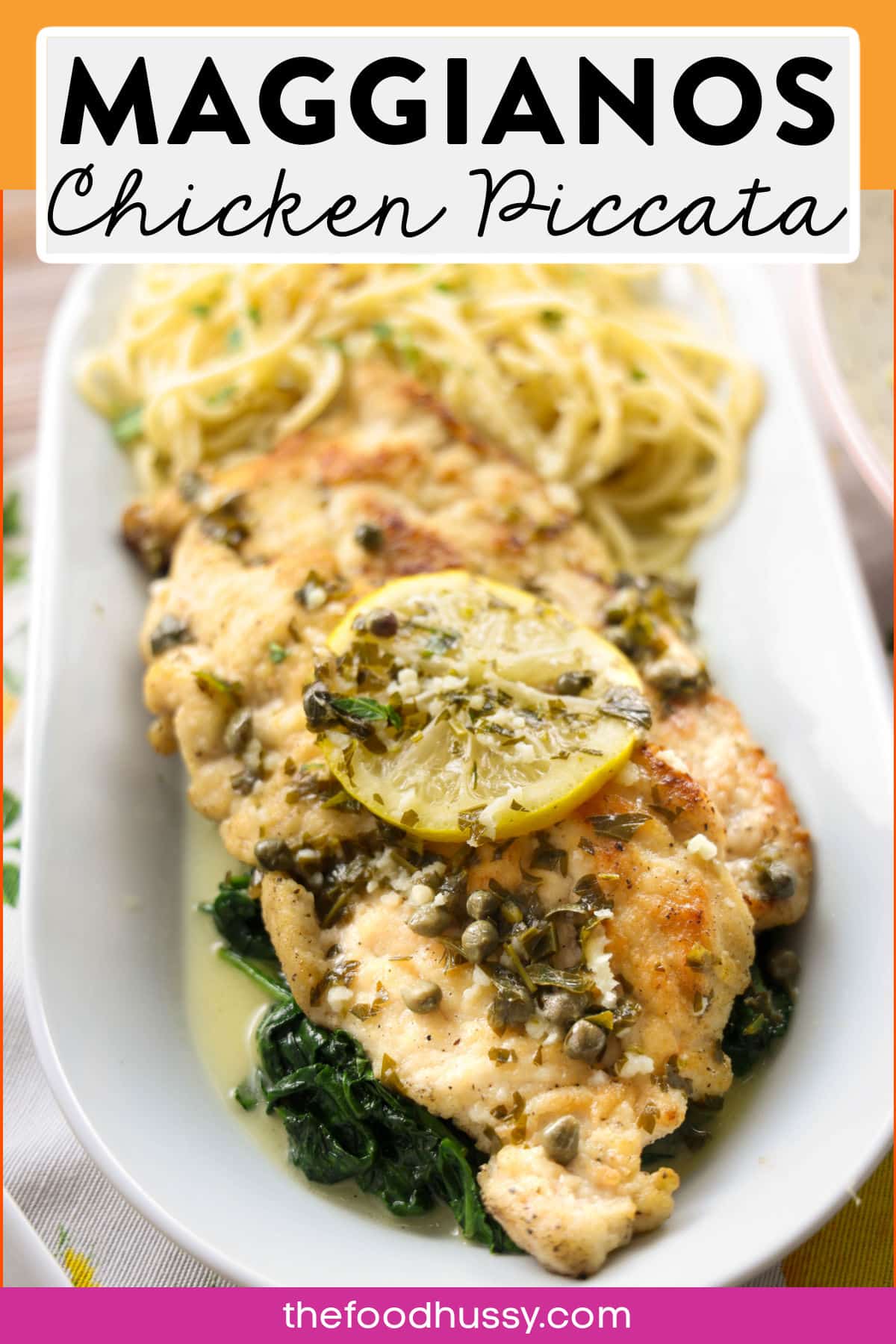 Maggiano's Chicken Piccata features tender chicken breasts sautéed to perfection, topped with a zesty lemon butter sauce. It's served over a side of pasta, offering a delicious balance of tangy and savory flavors. via @foodhussy