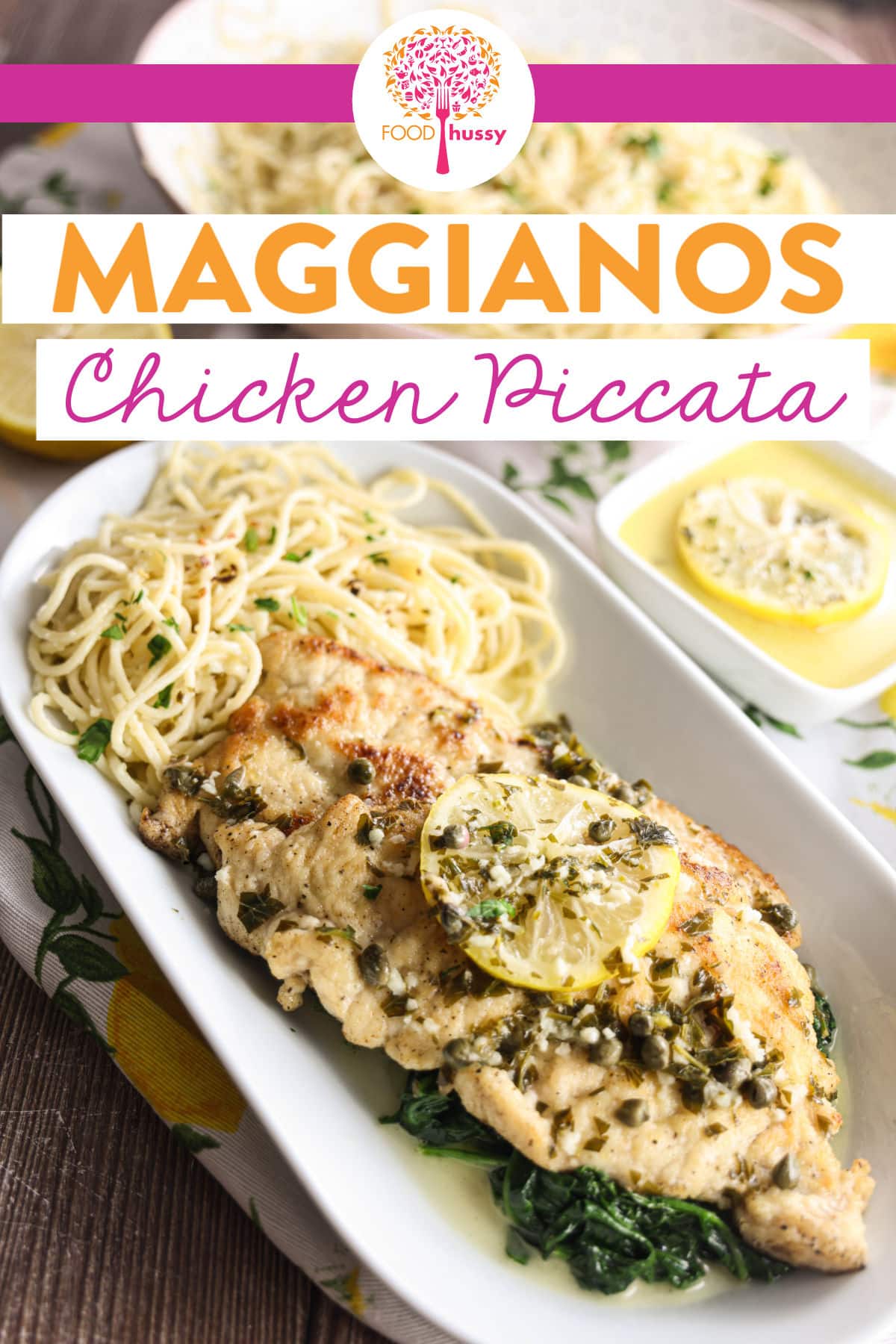 Maggiano's Chicken Piccata features tender chicken breasts sautéed to perfection, topped with a zesty lemon butter sauce. It's served over a side of pasta, offering a delicious balance of tangy and savory flavors. via @foodhussy
