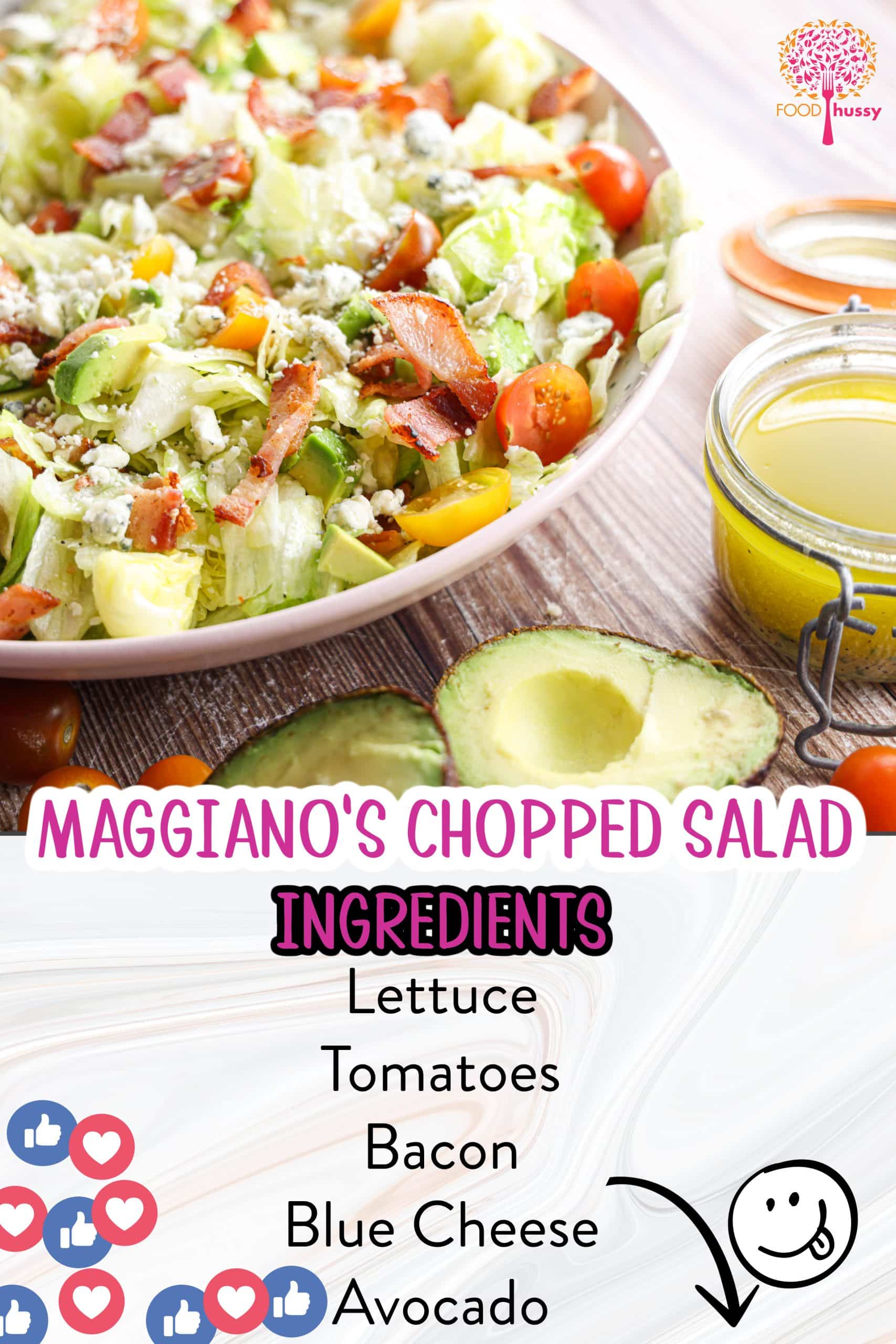 Maggiano's Chopped Salad is a classic and a fan favorite! Crisp lettuce topped with tomatoes, bacon, avocado and blue cheese tossed in a sweet and savory light house vinaigrette. Add grilled chicken or salmon to make it a meal! via @foodhussy