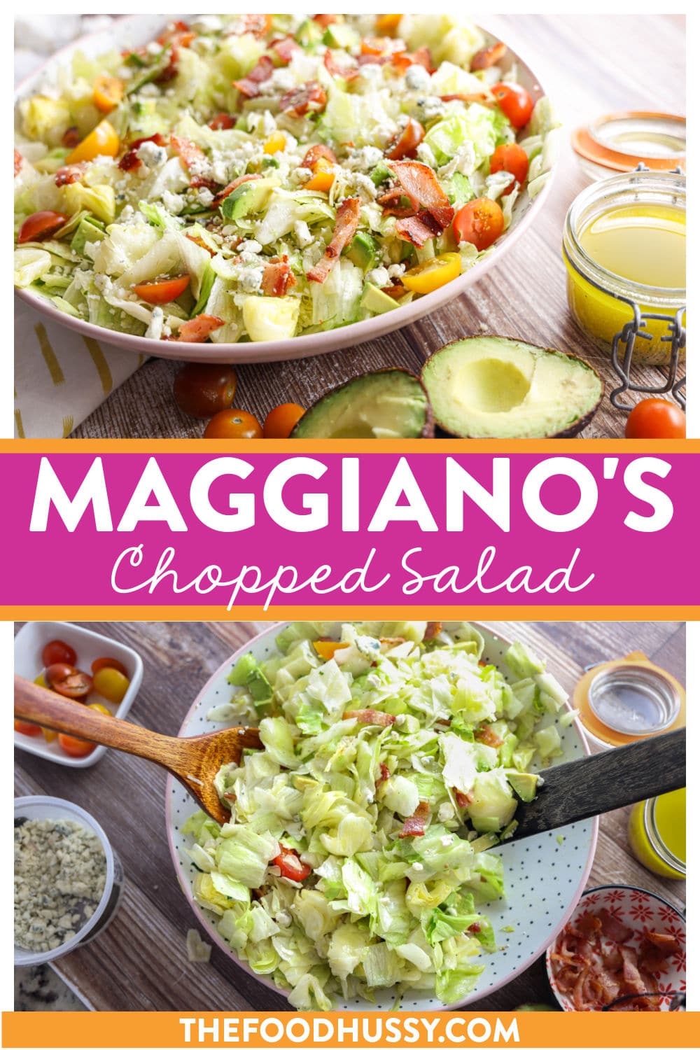 Maggiano's Chopped Salad is a classic and a fan favorite! Crisp lettuce topped with tomatoes, bacon, avocado and blue cheese tossed in a sweet and savory light house vinaigrette. Add grilled chicken or salmon to make it a meal! via @foodhussy