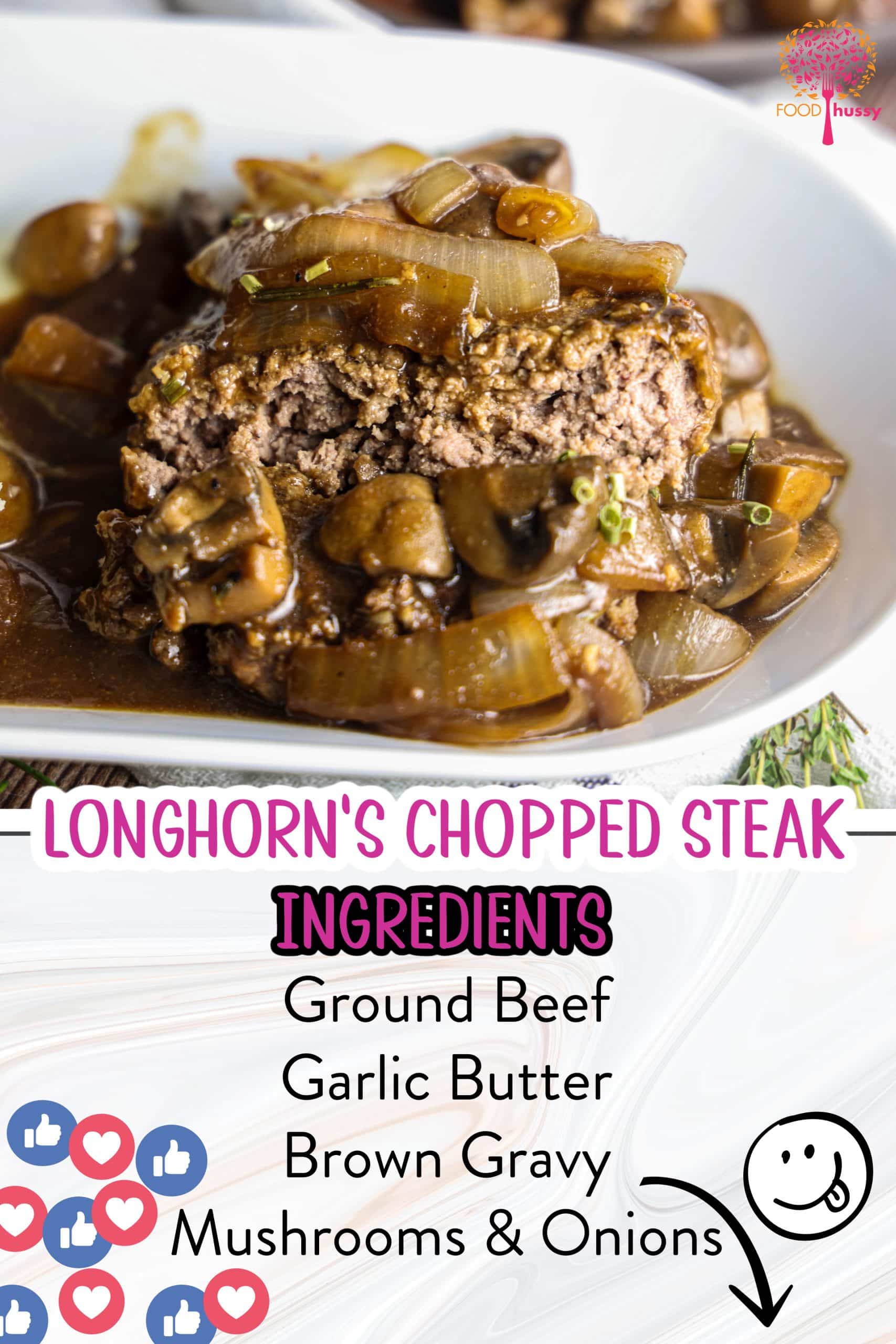Longhorn Steakhouse Chopped Steak features a juicy blend of ground beef seasoned with a mix of savory spices, then cooked to perfection. Topped with caramelized onions and sautéed mushrooms swimming in a rich garlic butter brown gravy, this hearty dish is comfort food on a plate. via @foodhussy