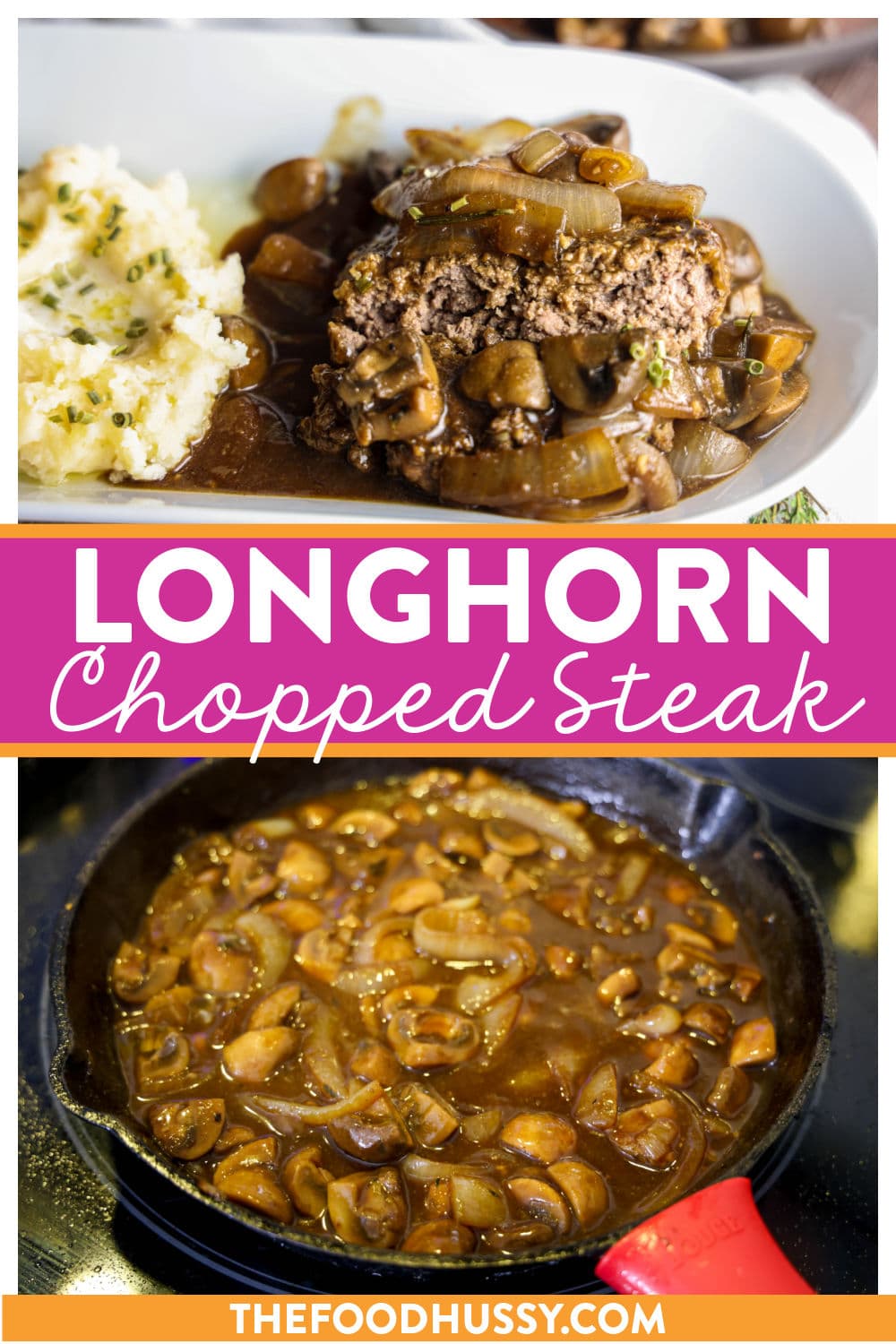 Longhorn Steakhouse Chopped Steak features a juicy blend of ground beef seasoned with a mix of savory spices, then cooked to perfection. Topped with caramelized onions and sautéed mushrooms swimming in a rich garlic butter brown gravy, this hearty dish is comfort food on a plate. via @foodhussy