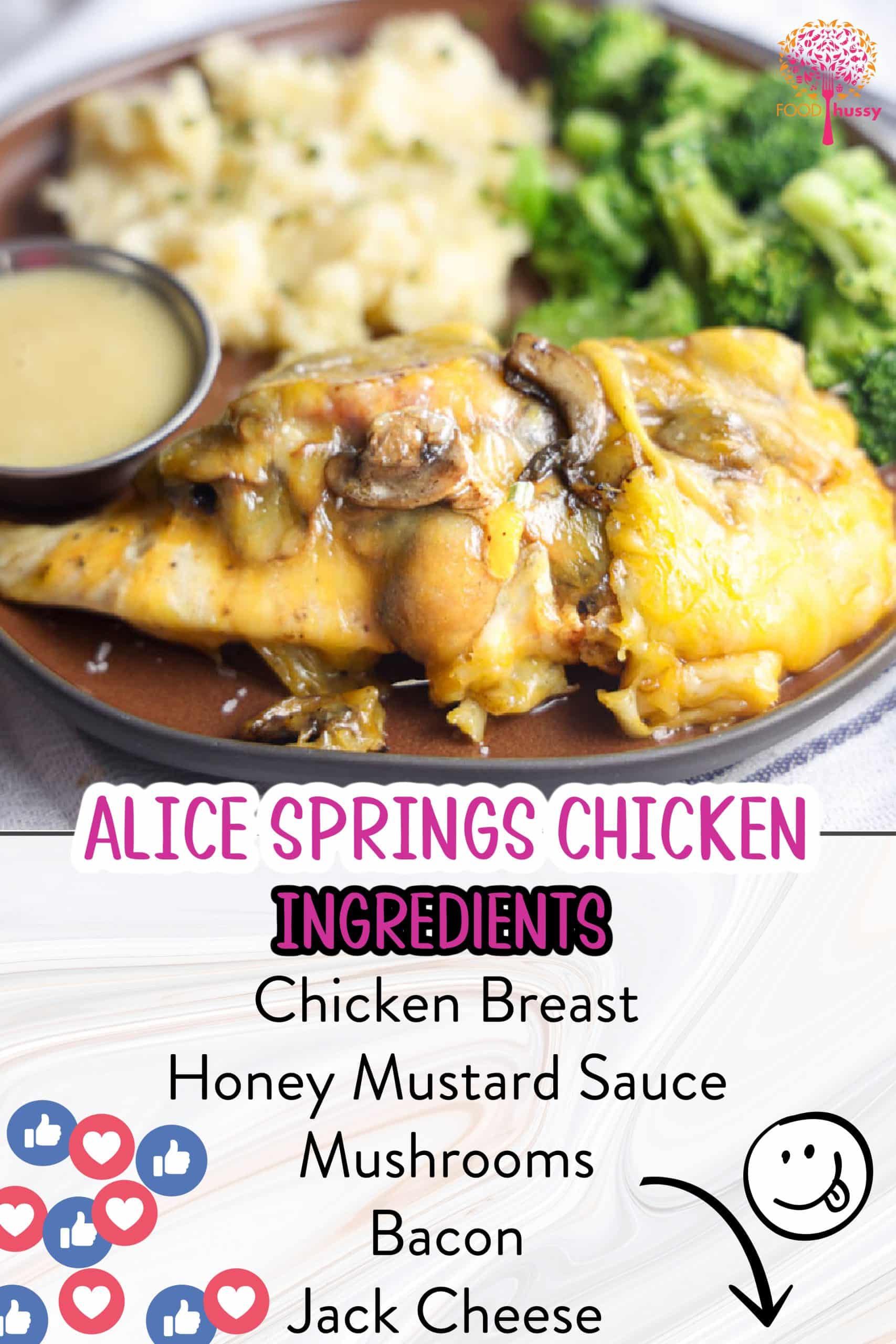 This copycat Alice Springs Chicken recipe takes tender chicken breast and tops it with buttery sautéed mushrooms, crispy bacon, melty cheese and is drizzled with tangy honey mustard sauce. The best part is that this Outback Steakhouse copycat is on the table in 25 minutes! via @foodhussy