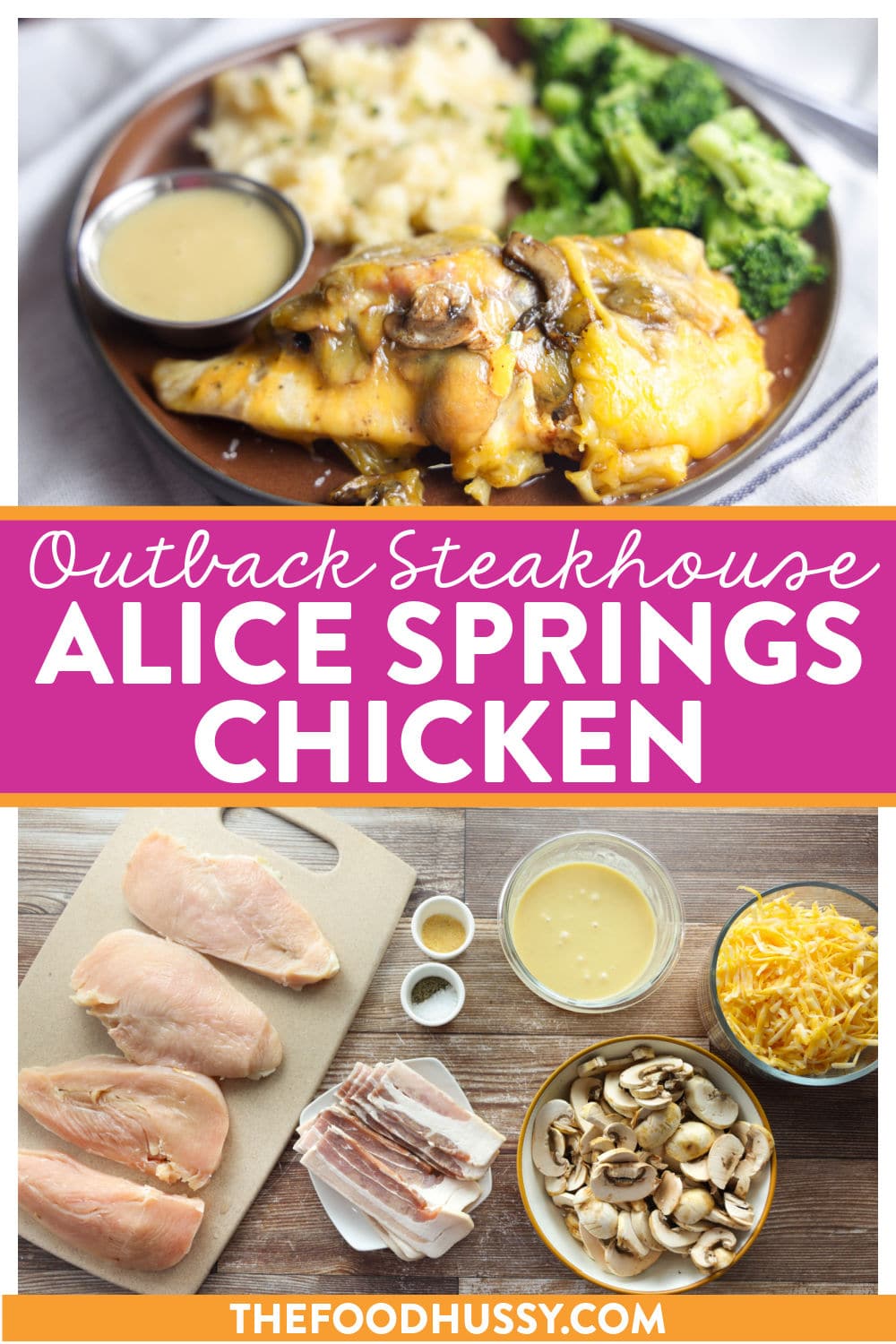 This copycat Alice Springs Chicken recipe takes tender chicken breast and tops it with buttery sautéed mushrooms, crispy bacon, melty cheese and is drizzled with tangy honey mustard sauce. The best part is that this Outback Steakhouse copycat is on the table in 25 minutes! via @foodhussy