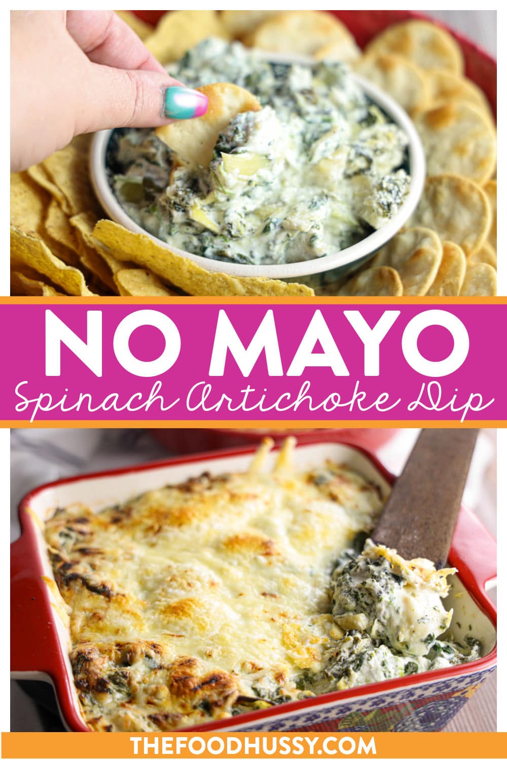 Spinach artichoke dip can be made without mayo - and still be a delicious creamy, savory blend of tender spinach, tangy artichokes and rich cheeses. Served warm with crispy tortilla chips or bread, it’s a crowd-pleasing appetizer perfect for gatherings. via @foodhussy