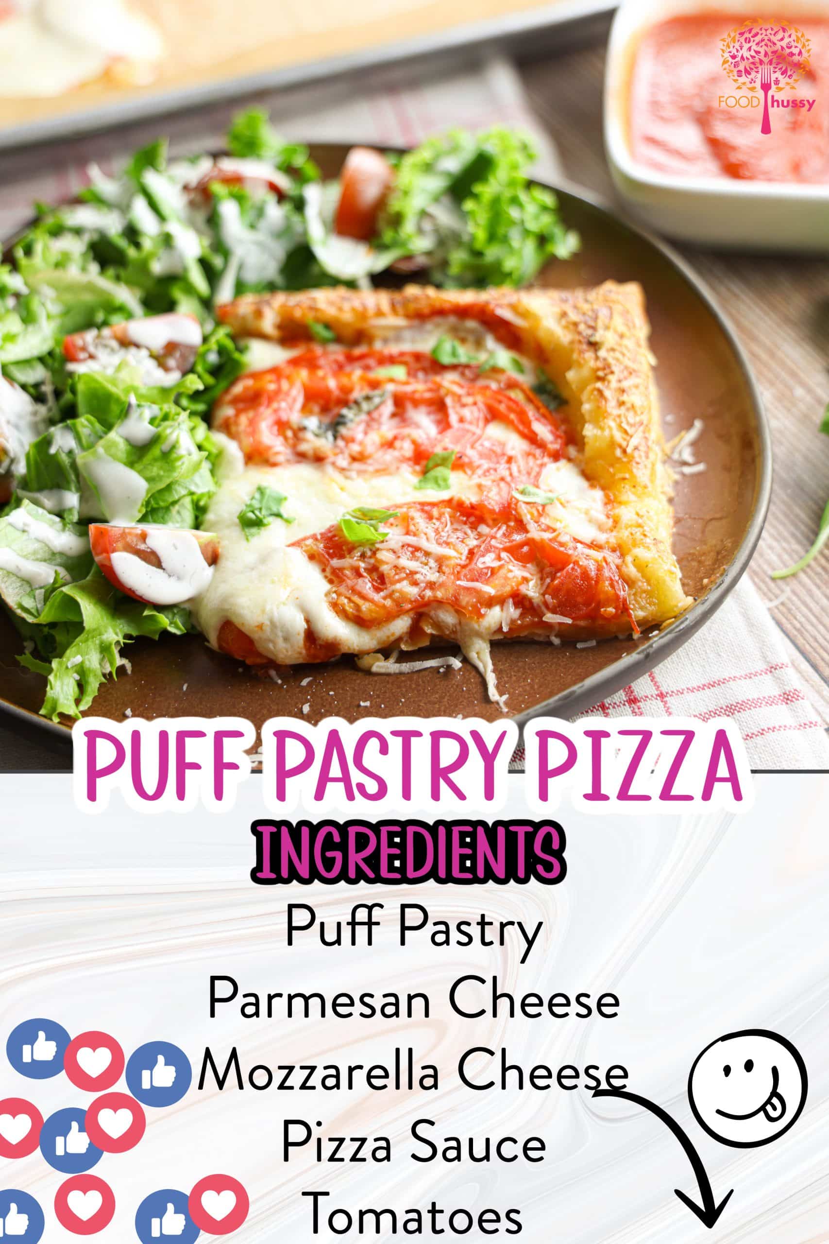 Puff pastry pizza features a flaky, golden crust made from layers of buttery pastry, providing a light and crispy base. Topped with savory sauce, melted cheese and a variety of toppings, it offers a delicious twist on traditional pizza. via @foodhussy