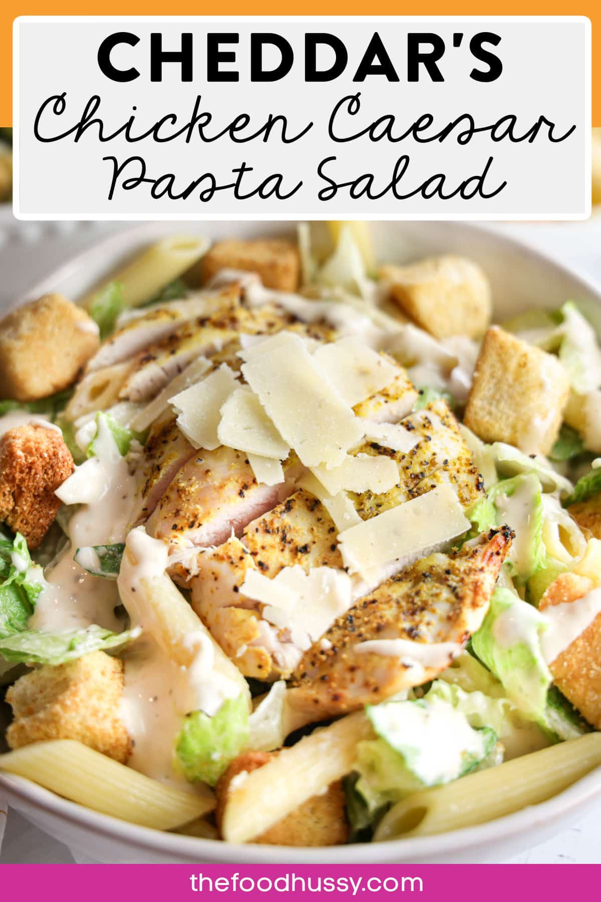 Cheddar's Chicken Caesar Pasta Salad is the ultimate combo of crispy romaine, juicy chicken and a dreamy Caesar dressing that’ll make your taste buds do a happy dance. With pasta and Parmesan, this salad is basically a party in a bowl—no reservations needed! via @foodhussy