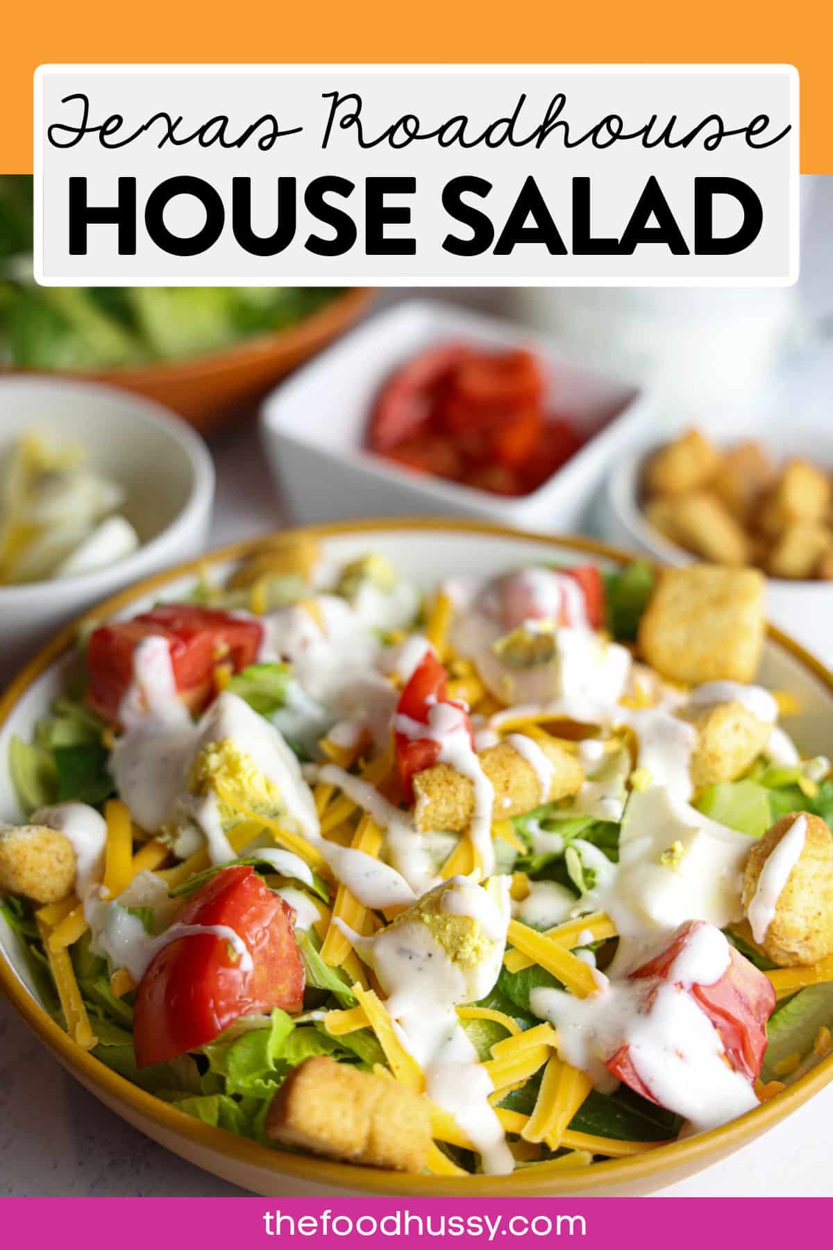 Texas Roadhouse House Salad is a fresh mix of crisp lettuce, juicy tomatoes, crunchy croutons and shredded cheese tossed with your choice of dressing for the perfect starter or side. I've got you covered with homemade dressing too! Every bite is a refreshing, flavorful crunch that’s classic Roadhouse delicious. via @foodhussy