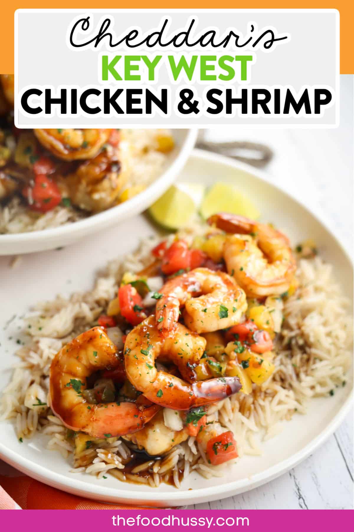 Cheddar's Key West Chicken & Shrimp is a light and refreshing dish that will transport you to the beach in a hot minute! Grilled chicken with a sweet teriyaki sauce topped with a homemade pineapple pico de gallo and grilled shrimp! So delicious - served over rice with a squeeze of fresh lime! Yum! via @foodhussy