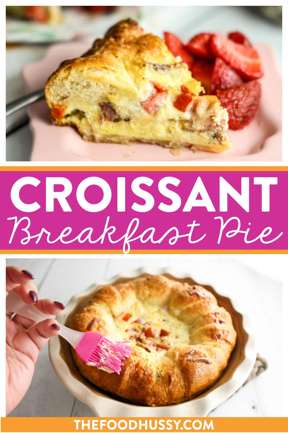 This Croissant Breakfast Pie will be your new family breakfast! Buttery croissants, flaky crust, fluffy eggs, melty cheese and your favorite fillings - I went with bacon and tomatoes. It's like a quiche but with more buttery goodness!  via @foodhussy