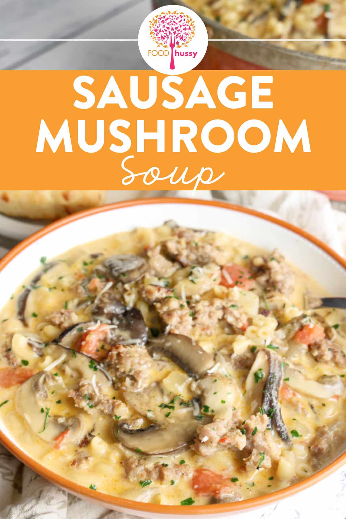 This Creamy Mushroom Sausage Soup will be your new cold weather favorite!!! Loaded with sausage, mushrooms and tender pasta - but that's not all! It's also got tomatoes, onions, cream cheese and more! Thick and chunky, warm and comforting - this soup is perfection!  via @foodhussy