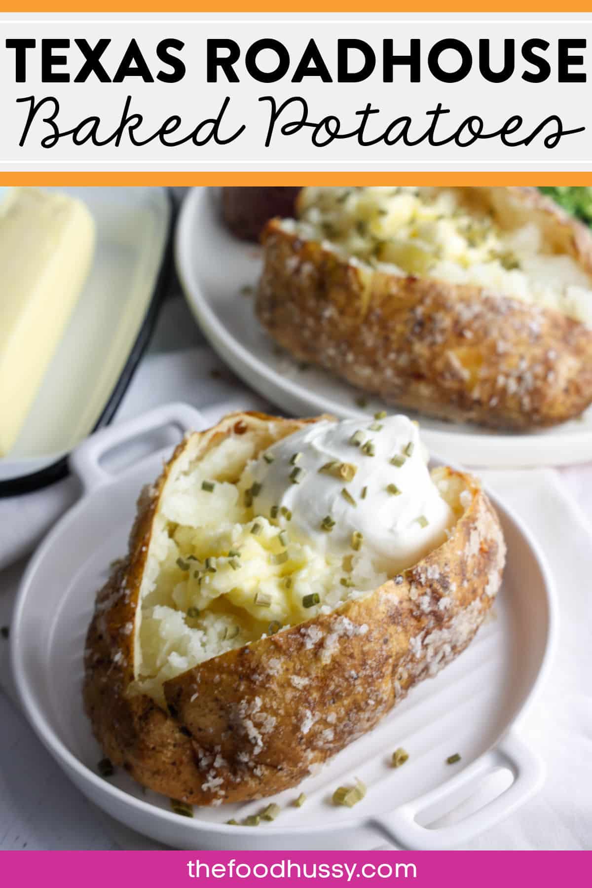 Texas Roadhouse Baked Potatoes are fluffy, crispy, salty perfection! The best part is - you can make them at home so easily! Whether you top it with just butter or load it up with bacon, cheese and sour cream - it's my favorite side dish!  via @foodhussy