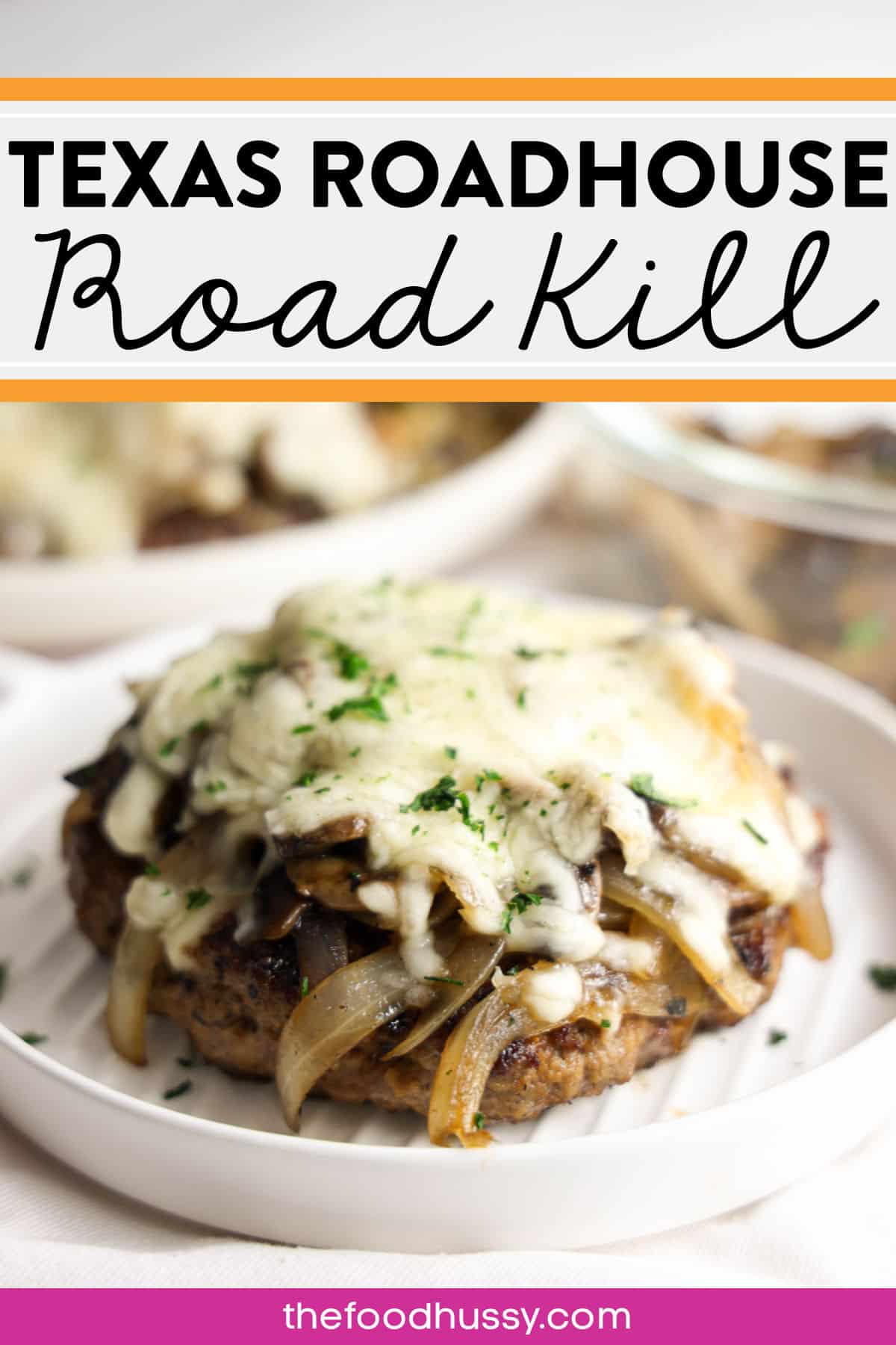 Texas Roadhouse Road Kill is one of my favorites! A huge steakburger stopped with perfectly sauteed onions and mushrooms and topped with loads of melty monterey jack cheese. This is a bunless hamburger on steroids! You can't help but dive in!  via @foodhussy