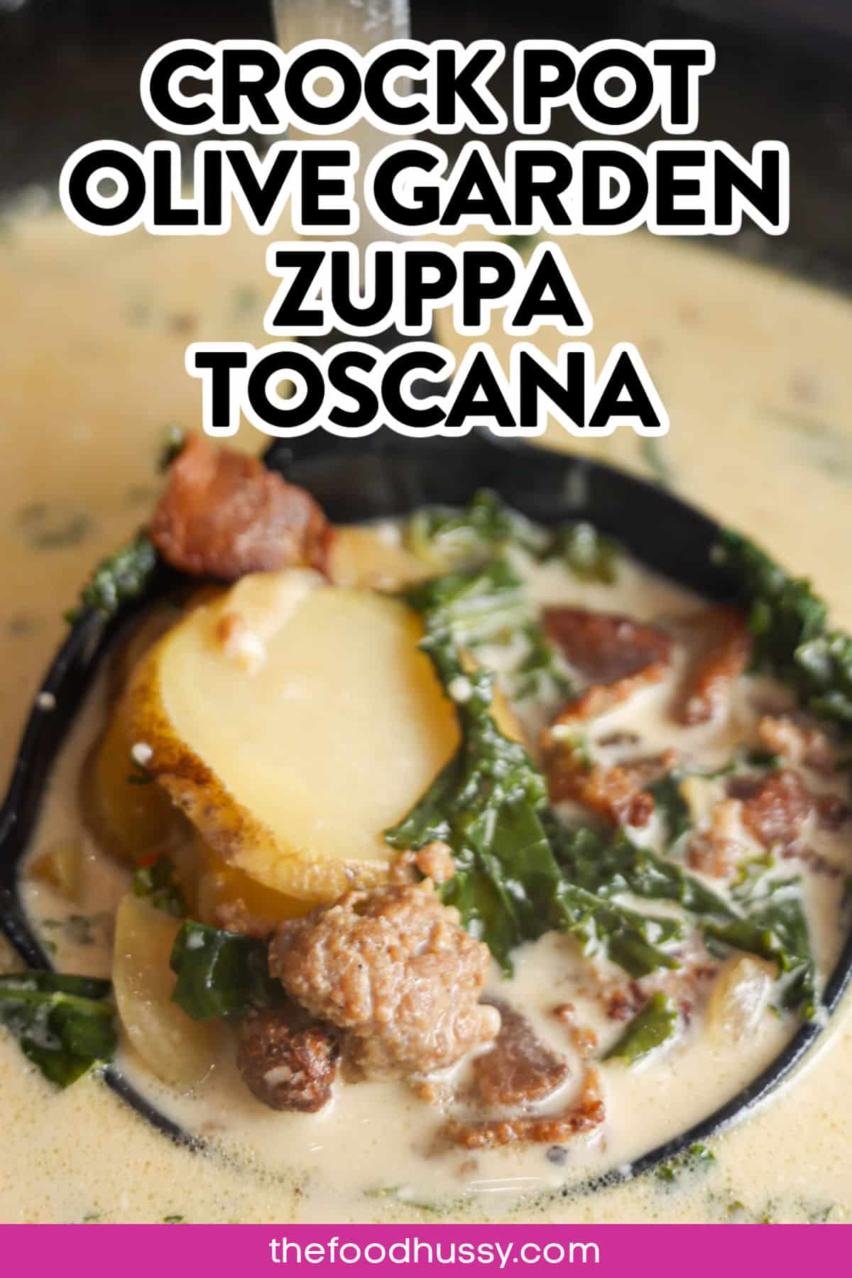 Crock Pot Olive Garden Zuppa Toscana is an easy-to-make soup full of creaminess and loaded with spicy sausage, tender potatoes and hearty kale. This Olive Garden copycat is a flavor bomb and one you'll make this perfection over and over to fill the bellies on those cold winter nights!  via @foodhussy