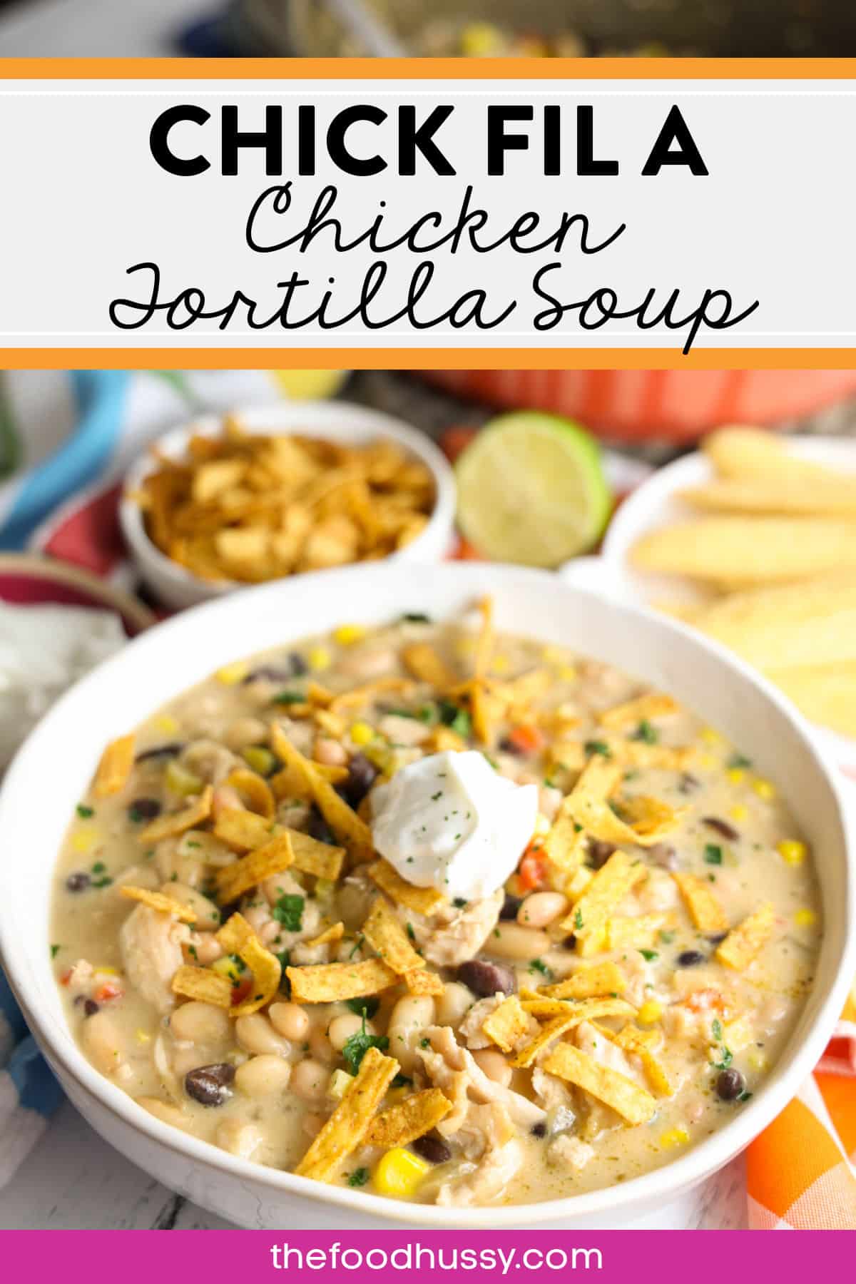 Copycat Chick-fil-A Chicken Tortilla Soup is a seasonal favorite that you can make at home year round! Loaded with shredded chicken breast floating in a creamy soup filled with navy and black beans, corn, peppers and a spicy seasoning. Top it off with tortilla strips and a dollop of sour cream for a perfect comfort food dinner that tastes just like Chick-fil-A.  via @foodhussy