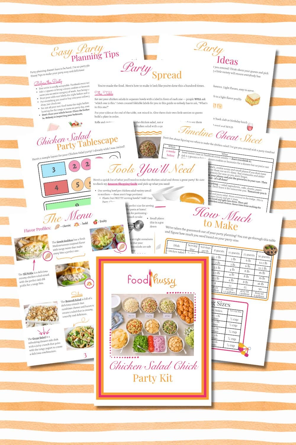 Fanned out pages from the Food Hussy Chicken Salad Party Kit including the menu guide, quantity table, party tablescape, tools list, and timeline cheat sheet