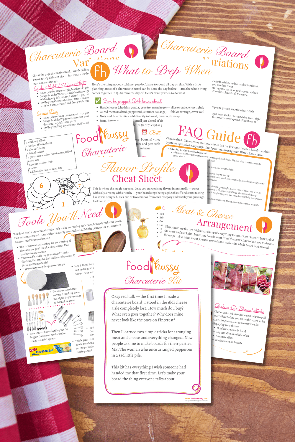 Pages from the Food Hussy Charcuterie Kit including FAQ guide, flavor profile cheat sheet, and styling tips