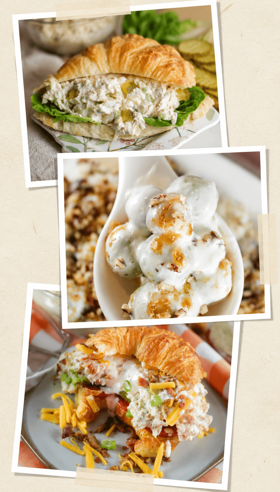 Spread of chicken salad varieties in bowls with table tent labels, mini croissants, and side salads