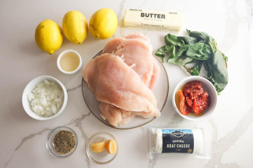 ingredients for Carrabba's Chicken Bryan with goat cheese, sun-dried tomatoes, fresh basil and lemon butter sauce