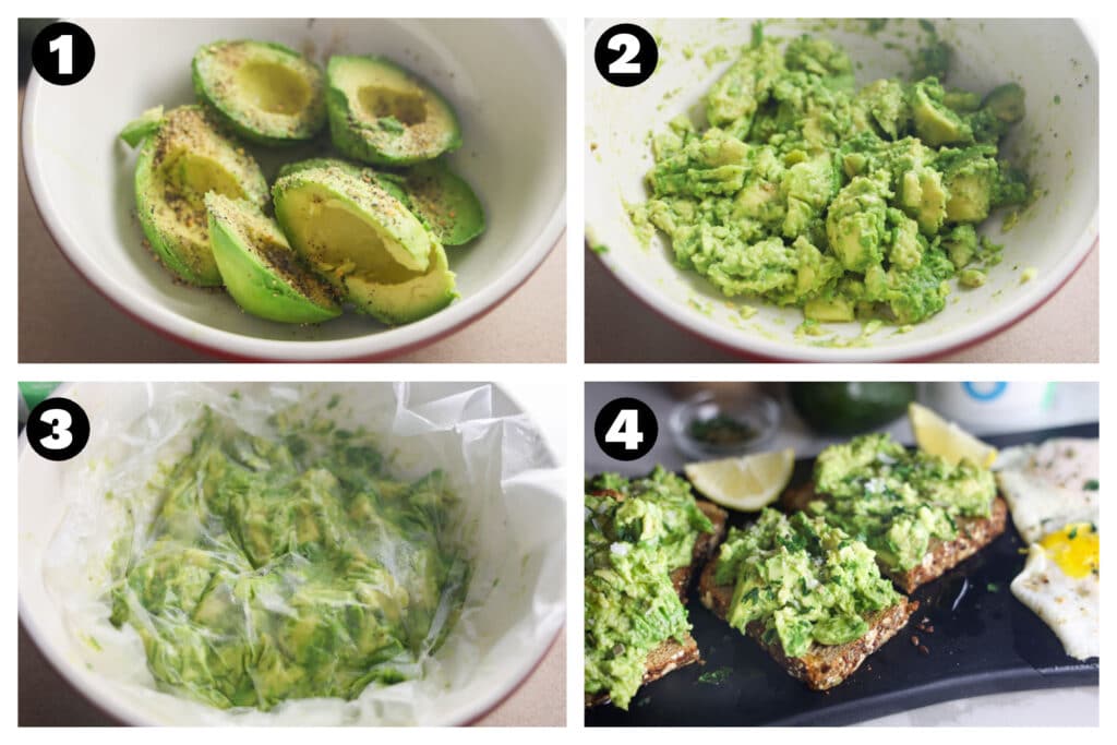 Making Copycat First Watch Avocado Toast with smashed avocado, whole grain toast and basted eggs.