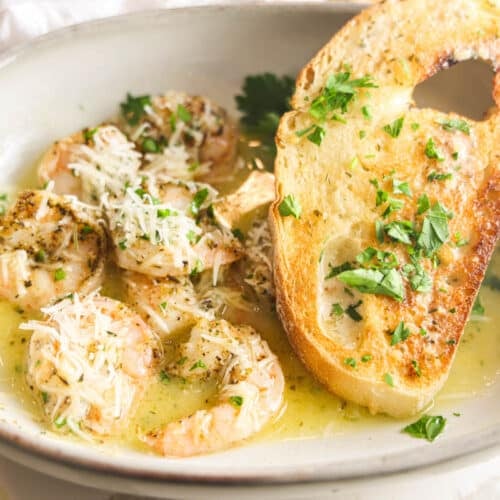 Copycat Carrabba's Shrimp Scampi in a rimmed dish with lemon butter sauce, parsley and Parmesan