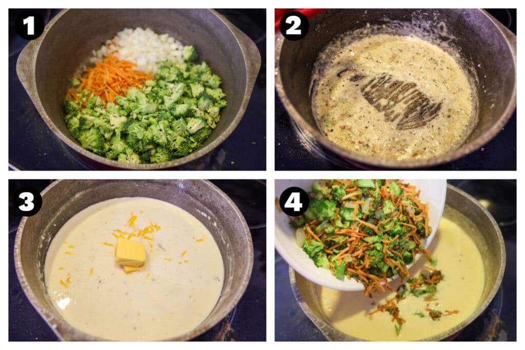Step-by-step collage making copycat Panera Broccoli Cheddar Soup in a Dutch oven
