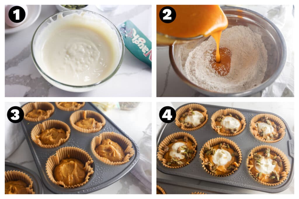 Step-by-step collage showing how to make Starbucks pumpkin cream cheese muffins: the cream cheese filling, mixing the pumpkin batter, filling the muffin liners, and the filled muffins.