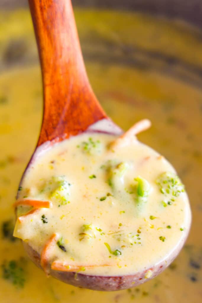 Copycat Panera Broccoli Cheddar Soup in a bowl topped with shredded cheddar cheese