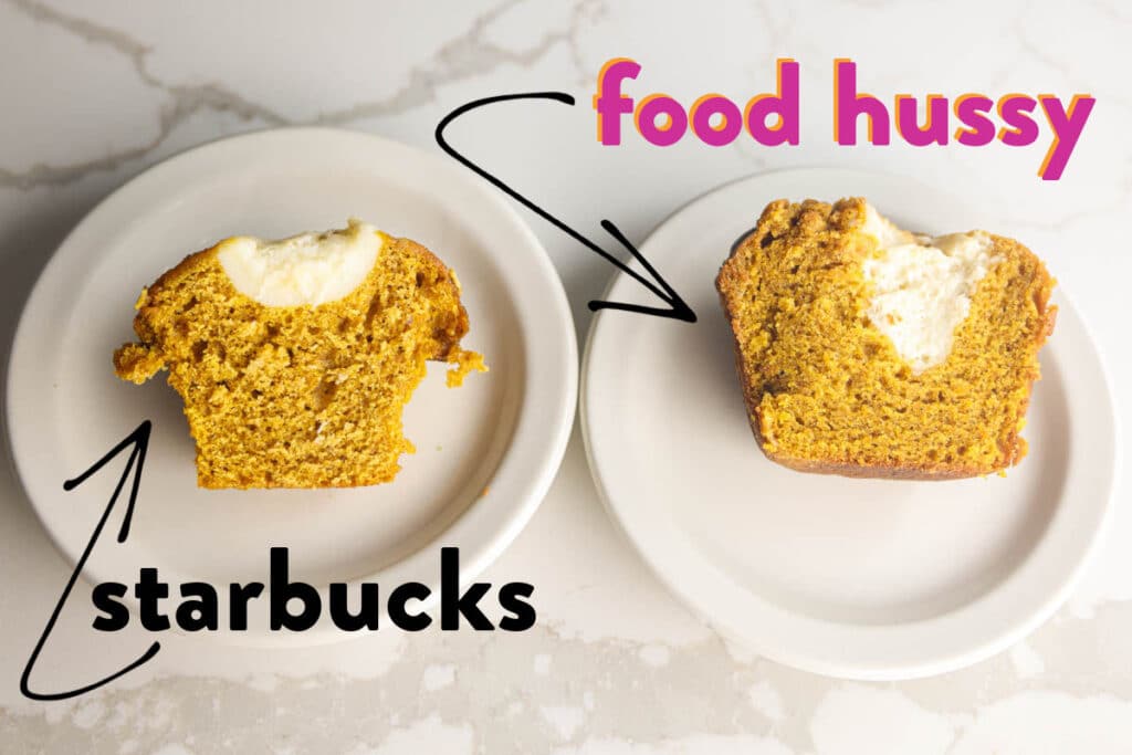A Starbucks pumpkin cream cheese muffin next to a homemade copycat muffin, both cut in half to show the cream cheese centers.
