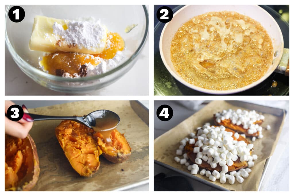Step-by-step photos showing how to make Texas Roadhouse loaded sweet potatoes, from baking the potatoes to topping them with caramel and marshmallows.